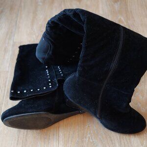 Black Suede Sexy wedge thigh high boot with studded embellishment
